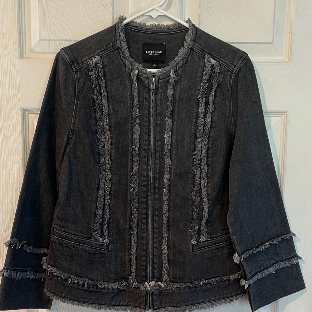 Liverpool Size Medium Black Frayed-Trim Denim Jacket